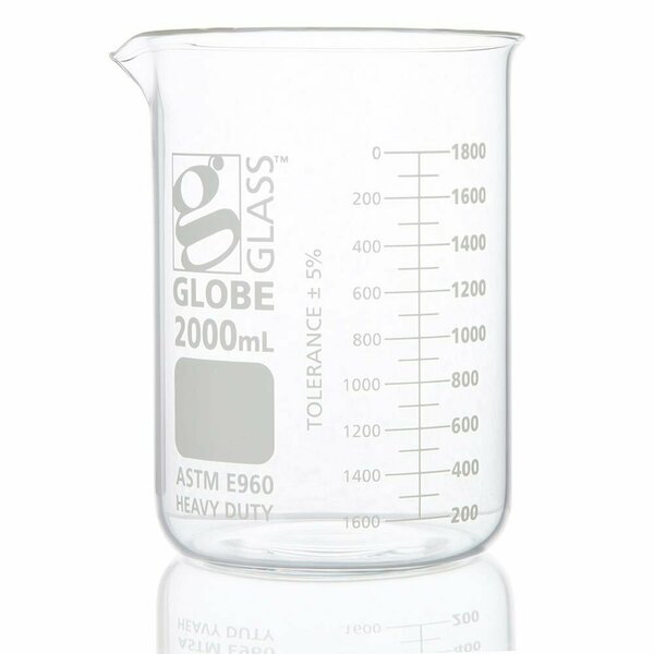 Globe Scientific Beaker, Globe Glass, 2000mL, Low Form Griffin Style, Heavy Duty, Dual Graduations, ASTM E960, 4PK 8022000
